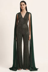 Track Line Embroidered Jumpsuit With Fringe Cape Sleeve