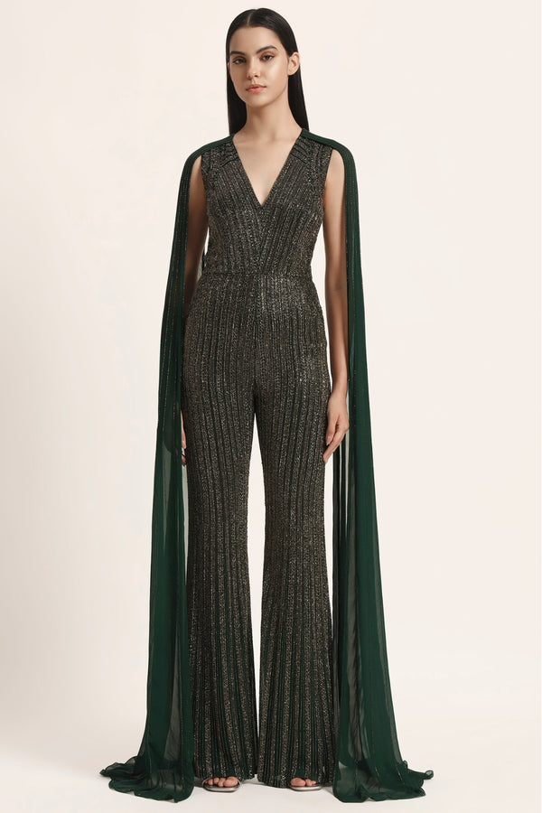 Track Line Embroidered Jumpsuit With Fringe Cape Sleeve