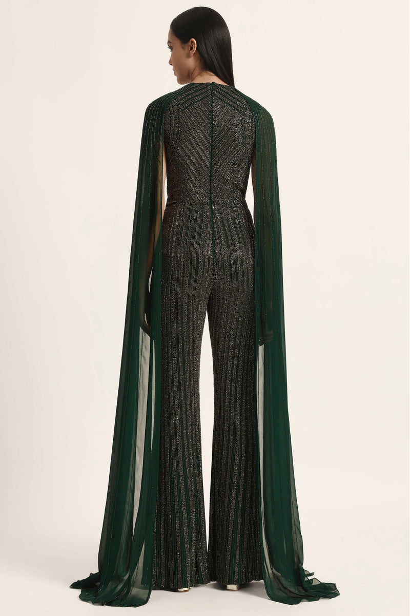 Track Line Embroidered Jumpsuit With Fringe Cape Sleeve