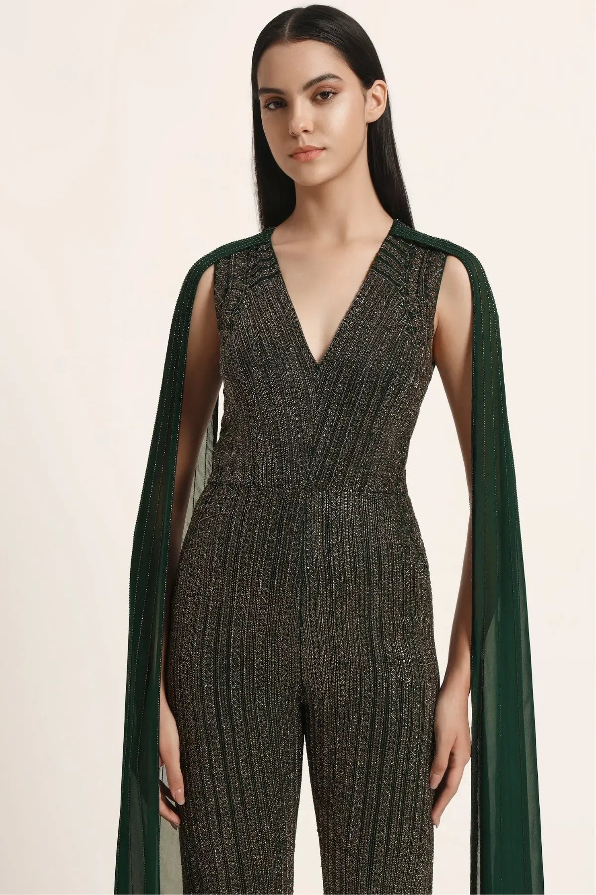 Track Line Embroidered Jumpsuit With Fringe Cape Sleeve Namrata Joshipura Online