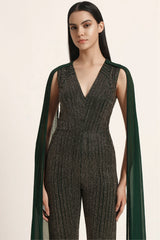 Track Line Embroidered Jumpsuit With Fringe Cape Sleeve