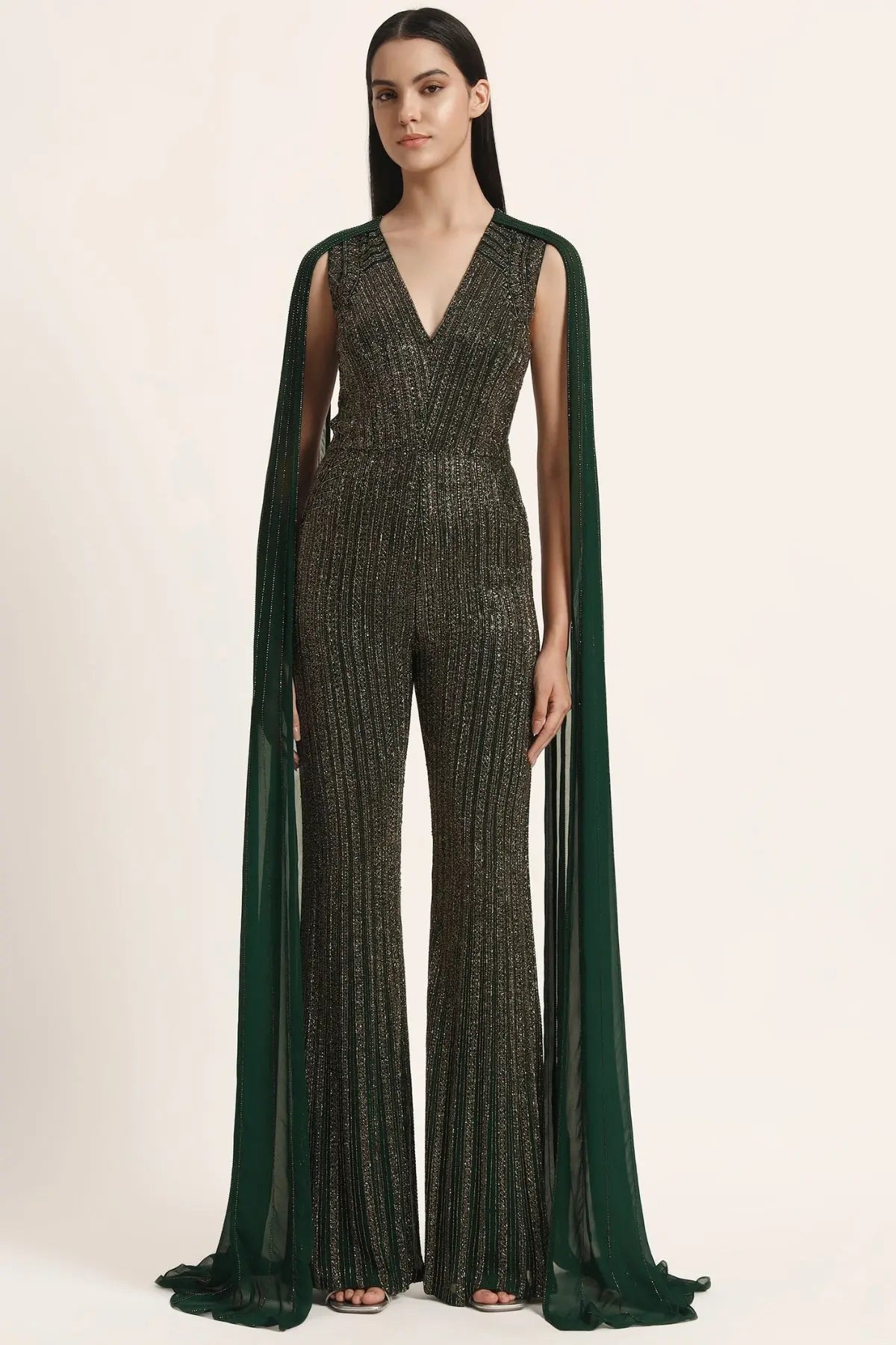 Track Line Embroidered Jumpsuit With Fringe Cape Sleeve Namrata Joshipura Online