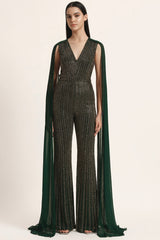 Track Line Embroidered Jumpsuit With Fringe Cape Sleeve