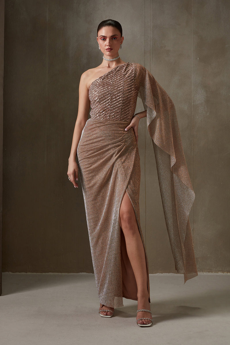 Shimmer Net Beige Partywear Designer Gown