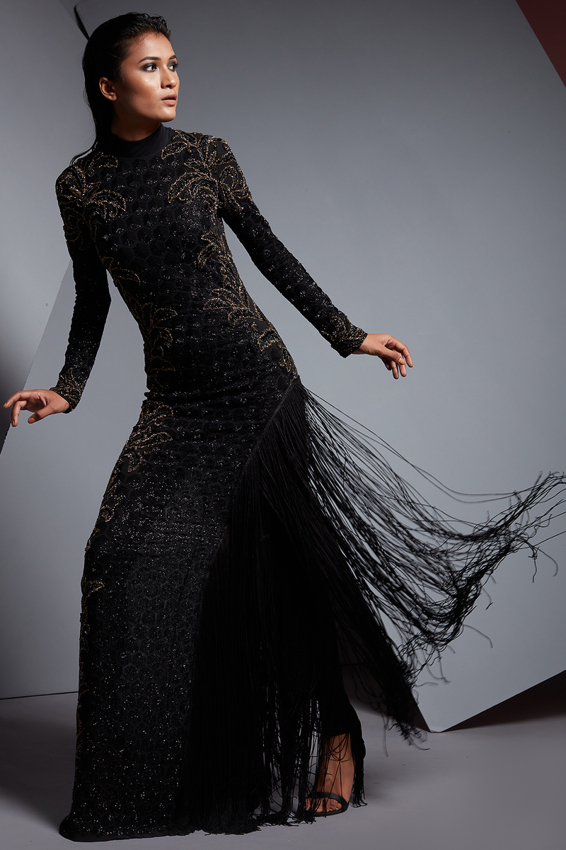 Baroque Swirl fringes Gown